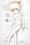  1980s_(style) 1girl :o azuma_hideo cigarette_pack covering_breasts covering_privates feet_out_of_frame from_above lighter long_hair looking_at_viewer lying navel non-web_source on_back orange_hair original ponytail retro_artstyle solo traditional_media 
