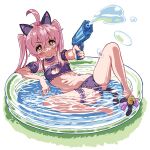  1girl ahoge animal_ears badluck2033 bell blush bridal_garter brown_eyes cat_ears cat_lingerie fake_animal_ears fake_tail flat_chest long_hair looking_at_viewer meme_attire onii-chan_wa_oshimai! oyama_mahiro partially_submerged pink_hair smile solo tail tail_bell tail_ornament twintails wading_pool water water_gun 