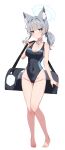  1girl absurdres animal_ear_fluff animal_ears bag bare_shoulders barefoot blue_archive blue_eyes blue_one-piece_swimsuit blush breasts cleavage collarbone covered_navel cross_hair_ornament duffel_bag extra_ears full_body grey_hair hair_ornament halo highleg highleg_swimsuit highres looking_at_viewer medium_breasts medium_hair multicolored_clothes multicolored_swimsuit one-piece_swimsuit shiroko_(blue_archive) shiroko_(swimsuit)_(blue_archive) short_ponytail sidelocks solo swimsuit w.k wolf_ears 