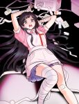  1girl apron arms_up bandaged_leg bandages bandaid bandaid_on_knee bandaid_on_leg black_hair breasts d: danganronpa_(series) danganronpa_2:_goodbye_despair feet_out_of_frame large_breasts long_hair migi_(user_juhu3444) miniskirt pill pink_eyes pink_shirt pleated_skirt puffy_short_sleeves puffy_sleeves shirt short_sleeves skirt solo sweat tears teeth tsumiki_mikan white_apron 