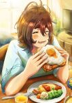 1girl absurdres artist_name bacon blue_shirt blush bread bread_slice breakfast brown_hair creatrail day eating facing_viewer food food_request fork fried_egg hair_between_eyes highres indoors juice medium_hair messy_hair omelet orange_juice plate shirt solo television thick_eyebrows toast 