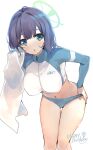 1girl absurdres blue_archive blue_eyes blue_hair green_halo halo happy_birthday highres long_sleeves looking_at_viewer mayusaki_yuu navel saki_(blue_archive) saki_(swimsuit)_(blue_archive) short_hair simple_background solo towel water_drop wet white_background 