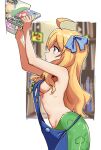  1girl absurdres ahoge apron blonde_hair blue_apron border bow breasts from_side hair_bow highres indoors jashin-chan jashin-chan_dropkick lamia long_hair manga_(object) monster_girl naked_apron navel profile ribs rokochandayo small_breasts solo upper_body white_border 