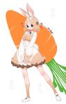  1girl animal_ears black_bow black_bowtie bow bowtie brown_bow brown_dress brown_socks brown_vest carrot collared_dress domestic_rabbit_(kemono_friends) dress frilled_dress frilled_sleeves frills full_body gloves hair_between_eyes hair_bow highres kemono_friends light_brown_hair loafers long_sleeves multicolored_hair notora puffy_sleeves rabbit_ears rabbit_girl rabbit_tail shoes short_hair sidelocks socks solo tail two-tone_dress two-tone_hair vest white_bow white_dress white_footwear white_gloves white_hair 