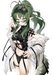  1girl adjusting_eyewear antenna_hair arknights black_swimsuit breasts cowboy_shot crocodilian_tail eyebrows_visible_through_hair gavial_(arknights) green_hair hair_between_eyes hand_on_eyewear hand_on_hip highres jacket long_hair looking_at_viewer medium_breasts navel nishitaka official_alternate_costume official_art open_clothes open_jacket pointy_ears ponytail sidelocks simple_background smile solo sunglasses swimsuit underboob visor wading white_background white_jacket yellow_eyes 