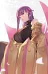  1girl bare_shoulders breasts claw_(weapon) claws collar criss-cross_halter fate/extra fate/extra_ccc fate/grand_order fate_(series) hair_ribbon halterneck highres huge_breasts long_hair looking_at_viewer o-ring open_mouth passionlip_(fate) pink_eyes pink_ribbon purple_hair ribbon solo tesin_(7aehyun) very_long_hair weapon 