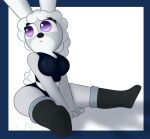 absurd_res anthro ashely_winters_(guak) big_breasts boots bottomwear breasts cleavage clothed clothing curvy_figure eyelashes female fluffy fluffy_hair fluffy_tail footwear fur grey_body grey_fur guak hair hi_res hotpants humanoid lagomorph leporid long_ears looking_aside mammal purple_eyes rabbit shirt shorts simple_background sitting solo tail tank_top text thick_thighs topwear white_body white_fur white_hair
