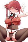  1girl absurdres ascot bare_shoulders blush breasts covered_navel hair_between_eyes hair_ribbon heterochromia highres hololive houshou_marine houshou_marine_(1st_costume) large_breasts leotard leotard_under_clothes long_hair looking_at_viewer red_ascot red_eyes red_hair red_ribbon ribbon solo spread_legs thighhighs twintails virtual_youtuber yellow_eyes yuzuyukiha 