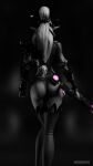 3d_(artwork) abrakabadarka armor big_butt boots butt clothing digital_media_(artwork) elf female footwear grey_background hair hair_bun hi-rez_studios hi_res holding_object holding_weapon humanoid humanoid_pointy_ears legwear lian_(paladins) monochrome paladins_(game) rear_view simple_background solo thick_thighs thigh_boots thigh_highs weapon white_hair wide_hips