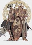  2others armor commentary crucible_knight denny626 elden_ring full_armor gauntlets gold gold_armor greaves helm helmet highres holding holding_polearm holding_sword holding_weapon lance multiple_others polearm shield sword weapon white_background 