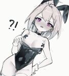  !? 1girl ahoge animal_ears black_choker blonde_hair blush breasts choker collarbone covered_navel crying crying_with_eyes_open enna_alouette fake_animal_ears gloves highres looking_at_viewer medium_breasts medium_hair motion_lines nijisanji nijisanji_en open_mouth pasties playboy_bunny pulled_by_self purple_eyes rabbit_ears simple_background solo sweat tape tape_on_nipples tears thighhighs trembling white_background white_gloves white_thighhighs yukdz2 