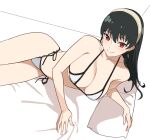 1girl bare_arms bare_shoulders bikini black_hair blush breasts closed_mouth earrings from_above hair_between_eyes hairband halterneck highres jason_kim jewelry large_breasts long_hair looking_at_viewer lying on_bed on_side pillow red_eyes side-tie_bikini_bottom smile solo split_mouth spy_x_family string_bikini swimsuit white_bikini white_hairband yor_briar 
