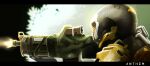  1other anthem_(game) commentary_request copyright_name firing from_side gloves grey_gloves gun helm helmet highres holding holding_gun holding_weapon kuro_kosyou letterboxed other_focus painttool_sai_(medium) scope solo upper_body weapon 