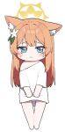  1girl alternate_costume animal_ear_fluff animal_ears blue_archive blue_eyes blush cat_ears chibi crying crying_with_eyes_open hair_ornament halo holding holding_clothes looking_at_viewer mari_(blue_archive) myeolchi orange_hair pout shirt single_bare_shoulder t-shirt tears white_background white_shirt yellow_halo 