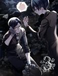  2boys alternate_hairstyle bag black_footwear black_jacket black_pants black_shirt blue_eyes blue_hair brown_bag buttons ciel_phantomhive closed_mouth cross cross_necklace dark_blue_hair eyepatch glasses gloves highres holding holding_bag jacket jewelry kuroshitsuji looking_at_viewer male_focus medical_eyepatch multiple_boys necklace official_alternate_costume open_mouth outdoors pants red_eyes round_eyewear sebastian_michaelis seto_(s_okome0203) shirt short_hair speech_bubble spoken_flower squiggle white_gloves wiping_face 