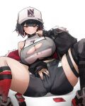  1girl :q absurdres bare_shoulders baseball_cap black_hair black_jacket black_shorts blush breasts character_request cleavage_cutout clothing_cutout commentary_request condom condom_wrapper copyright_request covered_pussy fur-trimmed_jacket fur_trim hand_on_own_crotch hat highres inhey jacket korean_commentary large_breasts long_sleeves looking_at_viewer m_legs midriff multicolored_hair peaked_cap puffy_long_sleeves puffy_sleeves red_hair shorts simple_background sitting solo spread_legs streaked_hair thick_thighs thighs tongue tongue_out torn_clothes white_background 
