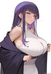  1girl bare_shoulders black_coat black_robe blunt_bangs breasts capelet clothes_lift coat dress fern_(sousou_no_frieren) furrowed_brow highres huge_breasts jacket jacket_lift kguy1920 long_hair looking_at_viewer narrowed_eyes off_shoulder open_clothes purple_eyes purple_hair purple_pupils robe simple_background sleeveless solo sousou_no_frieren straight_hair white_background white_capelet 