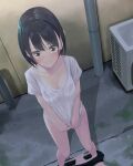  1girl air_conditioner alley anchon black_hair black_shorts blush bob_cut breasts brown_eyes cleavage clenched_teeth clothes_pull collarbone condenser_unit covering_crotch covering_privates downspout dutch_angle embarrassed from_above groin highres light_smile looking_ahead medium_breasts original own_hands_together panties panty_pull pink_panties shirt shirt_tug short_hair_with_long_locks short_sleeves shorts shorts_pull standing stone_floor stone_wall t-shirt tearing_up teeth underwear v_arms white_shirt 