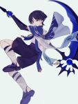  1boy bishounen full_body genshin_impact highres japanese_clothes male_focus o_ov13s purple_eyes purple_hair sandals scaramouche_(genshin_impact) scythe short_hair shorts simple_background smile solo white_background 