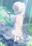  1girl absurdres back bare_shoulders barefoot closed_mouth dangle_earrings dress earrings elf frieren full_body green_eyes highres jewelry kneeling long_hair outdoors painnico partially_submerged pointy_ears ponytail solo sousou_no_frieren strap_slip water waterfall wet wet_clothes white_dress white_hair 
