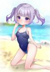  1girl barefoot beach blue_one-piece_swimsuit blue_sky blurry blurry_background breasts cloud competition_school_swimsuit covered_navel day highleg highleg_swimsuit kneeling niro_(niro26) ocean one-piece_swimsuit original outdoors purple_eyes purple_hair school_swimsuit sky small_breasts solo swimsuit twintails 