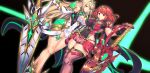  2girls aegis_sword_(xenoblade) bangs bare_shoulders blonde_hair blurry blurry_background breasts chest_jewel cleavage cleavage_cutout clothing_cutout covered_navel day dress dutch_angle earrings fingerless_gloves gem gloves hair_ornament headpiece highres jewelry large_breasts legs long_hair looking_at_viewer multiple_girls mythra_(xenoblade) outdoors pyra_(xenoblade) red_eyes red_footwear red_hair red_shorts short_dress short_hair short_shorts shorts skin_tight skindentation swept_bangs sword thigh_strap thighhighs tiara weapon white_dress xenoblade_chronicles_(series) xenoblade_chronicles_2 yellow_eyes yui_sora 