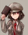  1girl breasts brown_hair brown_headwear brown_jacket cabbie_hat closed_mouth collared_shirt flat_cap grey_background happy hat holding holding_notebook jacket long_sleeves looking_at_viewer masa_(neku) medium_breasts necktie notebook one_eye_closed red_eyes red_necktie shameimaru_aya shameimaru_aya_(newsboy) shirt short_hair simple_background smile touhou upper_body white_shirt 