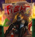  alternative_fashion ambiguous_gender anthro canid canine clothing fire fox graffiti grey_body hi_res leather leather_clothing lostwisdom male mammal paint punk rebel simple_background sitting solo spray_paint wall_(structure) 