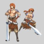  1boy abs brown_footwear brown_skirt facial_tattoo fantasy frown fur_trim glint grey_background grin hand_on_own_hip highres holding holding_sword holding_weapon jewelry long_hair male_focus multiple_views muscular muscular_male necklace nino_(pixiv_64539552) orange_hair original pouch scar scar_on_chest shoulder_tattoo simple_background skirt smile solo standing sword tattoo topless_male vambraces warrior weapon yellow_eyes 