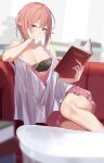  1girl absurdres babydoll book breasts cleavage collarbone commentary_request couch dress hair_between_eyes hand_on_own_cheek hand_on_own_face highres holding holding_book legs on_couch original pallad parted_lips pink_hair purple_dress reading red_eyes sitting solo white_babydoll 