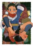  2boys arm_behind_head bangs barefoot bike_shorts black_hair black_shirt blue_jacket blush border breath carrying clenched_teeth commentary_request grey_eyes highres jacket leg_hold logo looking_at_viewer male_focus multiple_boys pokemon pokemon_(game) pokemon_legends:_arceus red_scarf rei_(pokemon) scarf security_corps_(pokemon) shirt short_hair soles spiked_hair spread_legs steam sweat teeth toenails toes white_border yaowu 