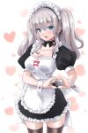  1girl alternate_costume apron black_dress breasts cleavage collarbone dress enmaided frilled_apron frilled_dress frills heart heart_background kantai_collection kashima_(kancolle) kitagawa_mikio long_hair looking_at_viewer maid maid_apron maid_headdress medium_breasts open_mouth puffy_short_sleeves puffy_sleeves short_sleeves solo thighhighs twintails waist_apron white_apron white_background wrist_cuffs 