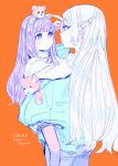  2girls absurdres aged_down carrying child child_carry commentary_request dangle_earrings dated earrings elf eye_contact fern_(sousou_no_frieren) frieren grey_hair highres jewelry long_hair looking_at_another multiple_girls pointy_ears purple_hair red_background simple_background sousou_no_frieren straight_hair stuffed_animal stuffed_toy sweater teddy_bear twitter_username very_long_hair white_sweater yuri_kyanon 