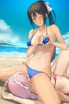  2girls :p absurdres bare_arms bare_legs bare_shoulders beach bikini black_hair blue_bikini blue_eyes blush breasts closed_eyes commission cunnilingus cunnilingus_through_clothes day hair_ornament hair_ribbon heart heart_hands highres large_breasts long_hair looking_at_viewer lying multiple_girls navel on_back one_eye_closed oral original outdoors pallad pink_bikini pink_hair ponytail ribbon sitting sitting_on_face sitting_on_person skeb_commission swimsuit tan tanlines tongue tongue_out underboob water white_ribbon yuri 