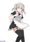  1girl absurdres alternate_costume apron black_dress black_thighhighs blue_eyes dress enmaided feet_out_of_frame frilled_apron frills garter_straps grey_hair highres kantai_collection kashima_(kancolle) long_hair maid maid_headdress one-hour_drawing_challenge robinson_(day_l_full) short_sleeves simple_background solo thighhighs twintails twitter_username white_apron white_background 