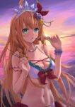  1girl :o ahoge aqua_eyes armlet bangs beach bikini blush bow breasts cleavage floating_hair flower food hair_flower hair_ornament hair_ribbon hands_up highres holding holding_food ito_t20a jewelry kebab long_hair looking_at_viewer medium_breasts navel necklace ocean open_mouth orange_hair pecorine_(princess_connect!) princess_connect! purple_flower purple_rose red_bow ribbon rose scrunchie side-tie_bikini sky solo stomach sunset swimsuit tiara very_long_hair wrist_scrunchie yellow_flower yellow_rose 