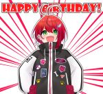  1girl :d akane_canna akane_canna_(2nd_costume) antenna_hair black_coat blush bone coat commentary_request cuore_0624 earclip fang green_eyes hair_between_eyes happy_birthday highres lapel_pin long_sleeves looking_at_viewer medium_bangs multicolored_coat multicolored_hair nanashi_inc. official_alternate_costume open_mouth oversized_clothes patch paw_print purple_hair red_hair short_hair smile solo streaked_hair two-tone_coat two-tone_hair upper_body virtual_youtuber white_background white_coat 