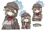  1girl blue_archive blue_eyes blush brown_coat cabbie_hat coat cropped_torso generic_33 halo hat long_sleeves looking_at_viewer multiple_views scarf shirt simple_background smile thick_eyebrows upper_body white_background yakumo_(blue_archive) 