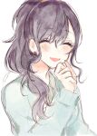  1girl :d ^_^ asahina_mafuyu blush closed_eyes csvakrj4bns9tmw facing_viewer hair_between_eyes hand_up highres long_hair long_sleeves non-web_source open_mouth ponytail project_sekai purple_hair shirt simple_background sketch smile solo upper_body white_background 