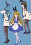  3girls absurdres animal_ears ass bangs black_hair black_legwear blonde_hair breasts brown_eyes focke_wulf full_body green_hair highres light_brown_hair looking_at_viewer multiple_girls navel non-web_source open_mouth original rabbit_ears rabbit_tail scan simple_background small_breasts smile solo tail white_legwear 
