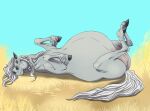  2021 accessory belly bent_legs big_belly black_hooves blue_eyes blue_sky breasts cloven_hooves colored crotch_breasts digital_drawing_(artwork) digital_media_(artwork) ear_piercing equid equine female feral fur grey_body grey_fur hair hair_accessory hair_over_eye hay hay_bale hooves horse legs_up long_hair long_mane long_tail lying mammal mane moonheart nipples on_back one_eye_obstructed outside piercing pink_nipples pink_teats pregnant pregnant_female pregnant_feral priestofjashin purple_ear_piercing quadruped shaded simple_shading sky solo tail teats udders white_hair white_mane white_tail 