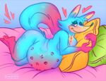  anthro bed blue_body blue_fur brubiteof87 canid canine female fox fur furniture kiss_mark looking_at_viewer mammal pillow pink_eyes pregnant snout solo toontown_corporate_clash toontown_online toony 