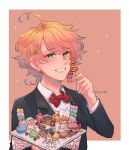  1girl absurdres black_suit bow bowtie breasts emma_(yakusoku_no_neverland) food green_eyes hair_ornament highres long_sleeves medium_breasts medium_hair norman_(yakusoku_no_neverland) orange_hair parfaitrine ray_(yakusoku_no_neverland) red_bow red_bowtie shirt smile solo suit teeth white_shirt yakusoku_no_neverland 