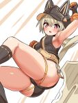  1girl animal_hat arm_up armpits belt black_gloves black_hat black_leotard black_socks breasts brown_belt cat_girl cat_hat cat_tail clenched_hands cougar_(cougar1404) gloves grey_hair hat jumping key key_(cougar1404) leotard long_hair medium_breasts open_mouth original oversized_object red_hair ribbed_leotard sleeveless socks solo tail thigh_strap 