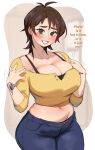  1girl amaha_masane blue_pants breasts brown_eyes brown_hair casual cleavage collarbone denim highres jeans large_breasts lightsource looking_at_viewer mature_female navel open_mouth pants short_hair smile solo witchblade 