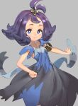  1girl :3 acerola_(pokemon) armlet bangs blue_dress closed_mouth collarbone commentary dress flipped_hair grey_background grey_dress hair_ornament hairclip highres medium_hair multicolored_clothes multicolored_dress outstretched_arm pokemon pokemon_(game) pokemon_sm purple_eyes purple_hair shiny shiny_hair short_sleeves simple_background smile solo stitches tanakalma topknot torn_clothes torn_dress 