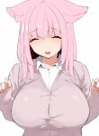  1girl animal_ears breasts character_request closed_eyes commentary_request copyright_request grey_sweater large_breasts long_sleeves medium_hair open_mouth pink_hair shirt simple_background solo sweater terazip upper_body white_background white_shirt 