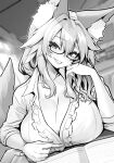  1girl animal_ears bangs blush breasts collared_shirt commentary_request eyebrows_visible_through_hair fate/extra fate_(series) fox_ears fox_girl fox_tail glasses greyscale highres large_breasts long_sleeves looking_at_viewer monochrome parted_lips shirt smile solo tail tamamo_(fate) tamamo_no_mae_(fate/extra) teeth wisespeak 
