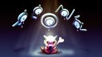  bone closed_eyes commentary crying cubone floating highres jarzard no_humans pokemon pokemon_(creature) sitting skull spotlight tears unown 