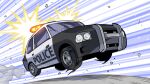  1girl car commentary cornrows driving dust flashing_light helltaker kyo-hei_(kyouhei) medium_hair motor_vehicle outdoors police police_(helltaker) police_car solo speed_lines symbol-only_commentary vehicle_focus 